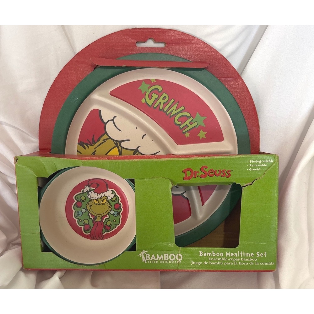 NIB Dr. Seuss Grinch Mealtime Set OS Green Red Bamboo Fiber Plate Bowl 2pc